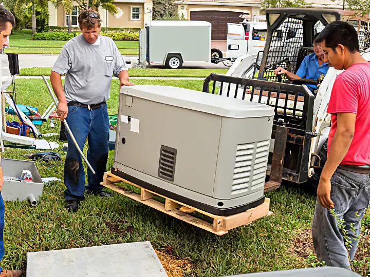 A standby generator being set in place beside a house