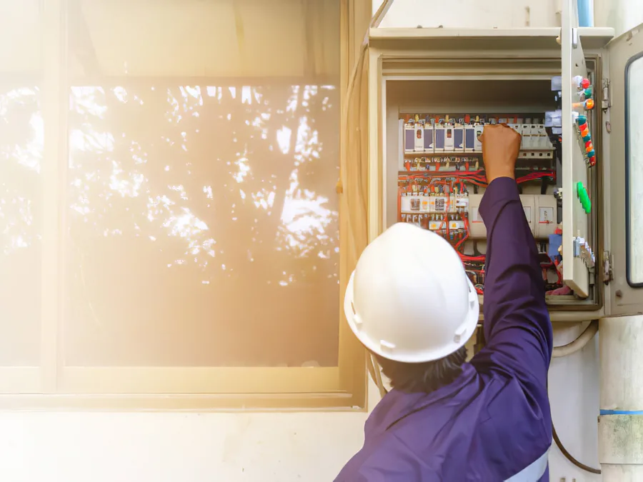 A residential breaker panel with its cover off