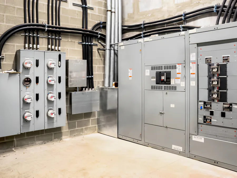 A commercial electrical room with meters and switchboards