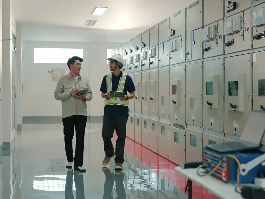 Two people walking past a row of electrical switchgear cabinets